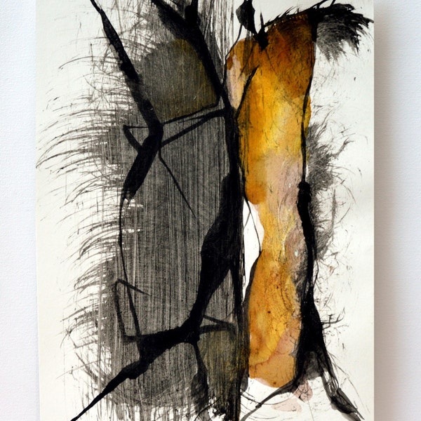 Original abstract art ink drawing - Constant transformation-black, brown, beige, yellow & white,modern art, contemporany art