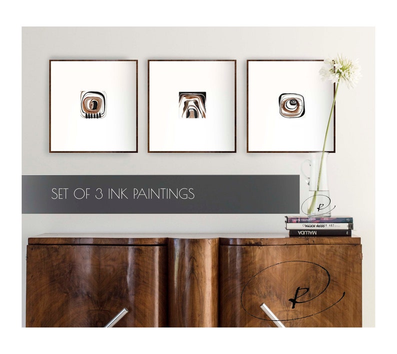 Set of 3 abstract art, abstract set, small set art, nature set, minimal drawing, square set art, original tiny set art painting image 1