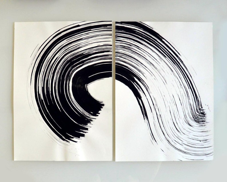 Original diptych abstract ink drawing, wave, black and white abstract art, abstract ink art, abstract, set of 2, abstract ink image 3