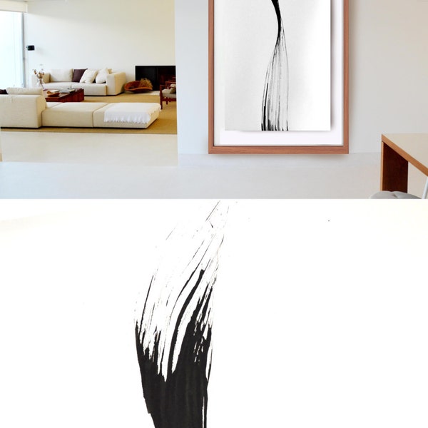 RESERVED -Large size abstract fine art painting on paper- Feather wind movement nature water zen linear ink art minimal by Cristina Ripper
