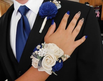 Bling It Up Collection- Wood Flower Boutonnière or Diamond Wrist Corsage Royal Blue- Or Choose Your Color
