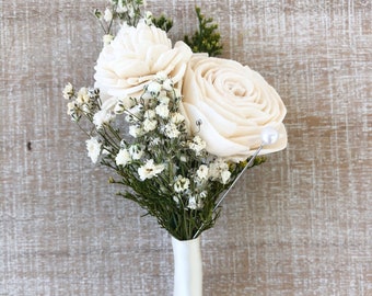 Ivory Bliss Collection- Boutonnière- Wood Flowers, Preserved/Dried Greenery Boutonnière