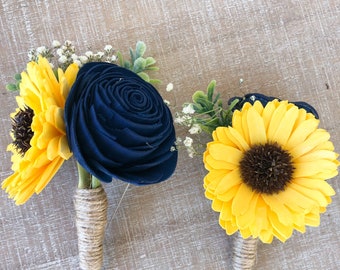 Ray of Sunshine Collection- Wood Flower Boutonnière, Navy Blue Rose Boutonnière