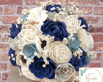 Wood Flower Bouquet- You’re Dreamy Collection- Navy Blue, Steal Blue, Light Gray, and Ivory Wood Flower Bouquet Sola Wood Flower Bouquet