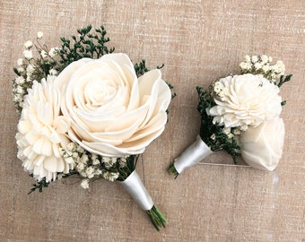 Ready To Ship- Ivory Wood Flower With Preserved Greenery