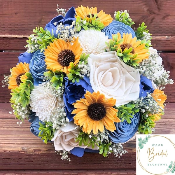 Wood Flower Wedding Bouquet  Radiance Collection-Ivory & Blue Bouquet, Sunflower Bouquet- Boutonniere, Corsage, Tear Drop Cascade Bouquet