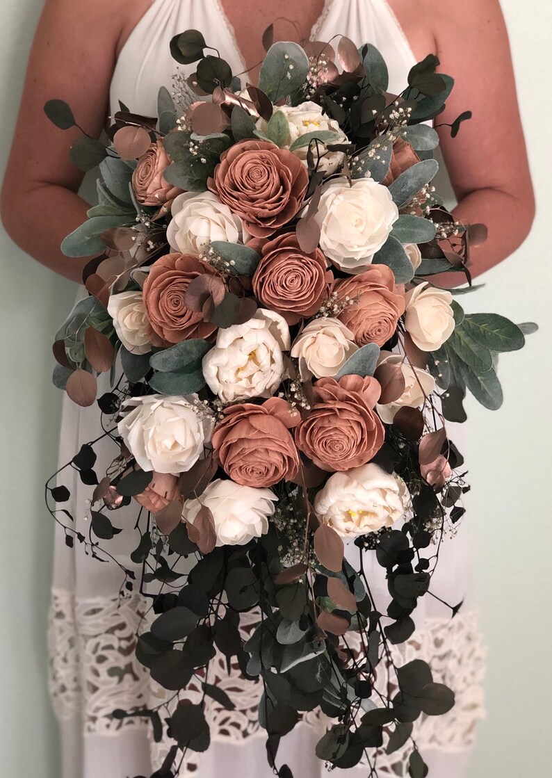 Rose Gold Wood Flower Cascading Bouquet Sola Wood Flower Etsy