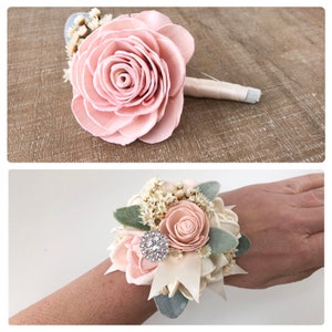 Bling It Up Collection- Wood Flower Boutonnière or Diamond Wrist Corsage Light Pink- Or Choose Your Color