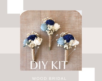 DIY Kit You’re Dreamy Collection- Wood Flower Boutonnière Steal Blue, Navy Blue, Gray, and Ivory- Colors are customizable