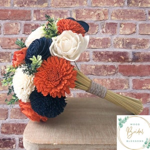 Wood Flower Bouquet- Orange Sunrise Collection- Navy Blue, Rusty Orange, and Ivory Wood Flower Bouquet Sola Wood Flower Bouquet Customizable