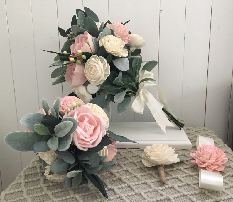 Wild Blush Collection Wood Flower Bouquet with Dried Eucalyptus