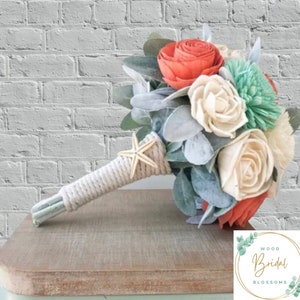 Wood Flower Bouquet- Nautical Sunrise Collection- Wood Flower Bouquet Sola Wood Flower Bouquet  Coral and Mint Bouquet