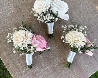 Ivory and Pink Bliss Collection- Boutonnière- Wood Flowers, Preserved/Dried Greenery Boutonnière