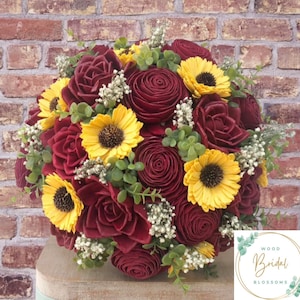 Wood Flower Wedding Bouquet-Radiance of Roses Collection- Wood Flower Bouquet, Red Rose Bouquet, Sunflower Bouquet