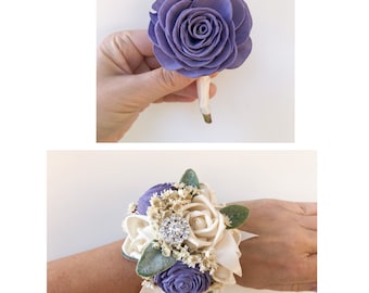 Bling It Up Collection- Wood Flower Boutonnière or Diamond Wrist Corsage Lavender Or Choose Your Color