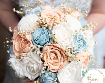 Wood Flower Bouquet- You’re Dreamy Collection- Peach, Steal Blue, and Ivory Wood Flower Bouquet Sola Wood Flower Bouquet