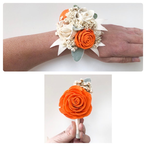 Bling It Up Collection- Wood Flower Boutonnière or Diamond Wrist Corsage Bright Orange- Or Choose Your Color