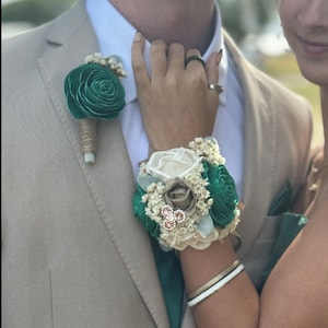 Bling It Up Collection- Wood Flower Boutonnière or Diamond Wrist Corsage Emerald Green - Colors Are Customizable