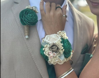 Bling It Up Collection- Wood Flower Boutonnière or Diamond Wrist Corsage Emerald Green - Colors Are Customizable