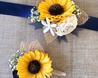 Rustic Sunflower Collection- Boutonnière or Corsage Wood Flower Sunflower Customizable