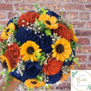 Ramo de flores de madera - Colección de girasoles brillantes - Azul marino, naranja oxidado Ramo de flores de madera con toques de girasol Ramo Sola Wood