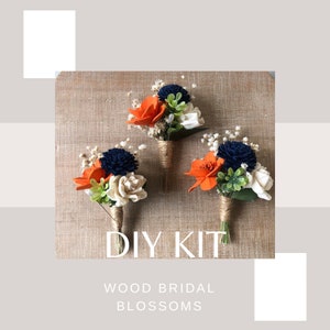 DIY Kit Orange Sunrise Collection- Wood Flower Boutonnière Orange, Navy Blue, and Ivory- Colors are customizable