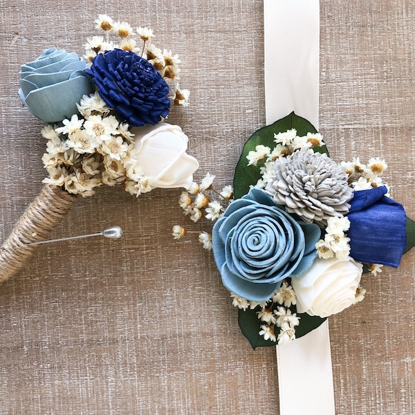 You’re Dreamy Collection- Wood Flower Boutonnière or Corsage Steal Blue, Navy Blue, Gray, and Ivory- Colors are customizable