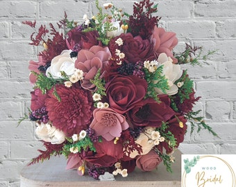 Wood Flower Bouquet- Raspberry Collection- Wood Flower Bouquet, Burgundy, Mauve, and Ivory Bouquet With Accents Of Raspberries