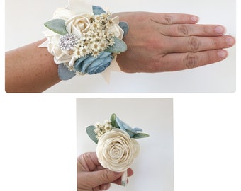 Bling It Up Collection- Wood Flower Boutonnière or Diamond Wrist Corsage Steel Blue- Or Choose Your Color