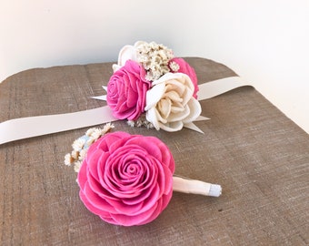 Whimsical Hot Pink Collection - Wood Flower Wrist Corsage or Boutonnière