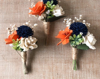 Orange Sunrise Collection- 1 Boutonnière- Wood Flower Boutonnière Orange, Navy Blue, and Ivory- Colors are customizable