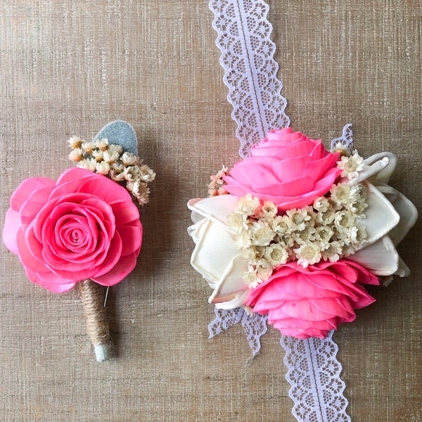 Twine & Lace Collection - Wood Flower Wrist Corsage or Boutonnière- Hot Pink