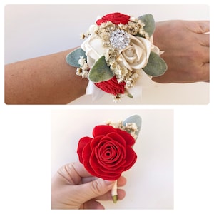 Bling It Up Collection- Wood Flower Boutonnière or Diamond Wrist Corsage Bright Red- Or Choose Your Color