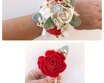 Bling It Up Collection- Wood Flower Boutonnière or Diamond Wrist Corsage Bright Red- Or Choose Your Color