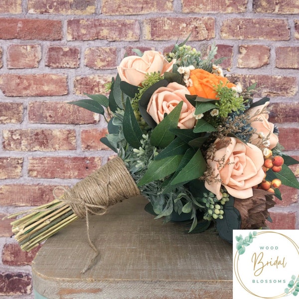 Wood Flower Bouquet- Grace Collection- Wood Flower Bouquet- Preserved Greenery- Sola Wood Flowers- Orange, Peach, Brown Bouquet