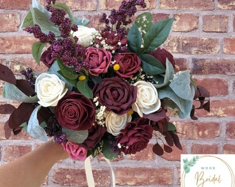 Ready to Ship-Wood Flower Bridal Bouquet- Raspberry Collection