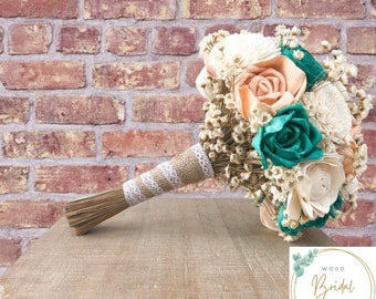 Wood Flower Wedding Bouquet- You’re  Dreamy Collection- Peach, Bright Teal Green, and Ivory Wood Flower Bouquet Sola Wood Flower Bouquet