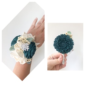 Bling It Up Collection- Wood Flower Boutonnière or Diamond Wrist Corsage Blue Teal- Colors Are Customizable