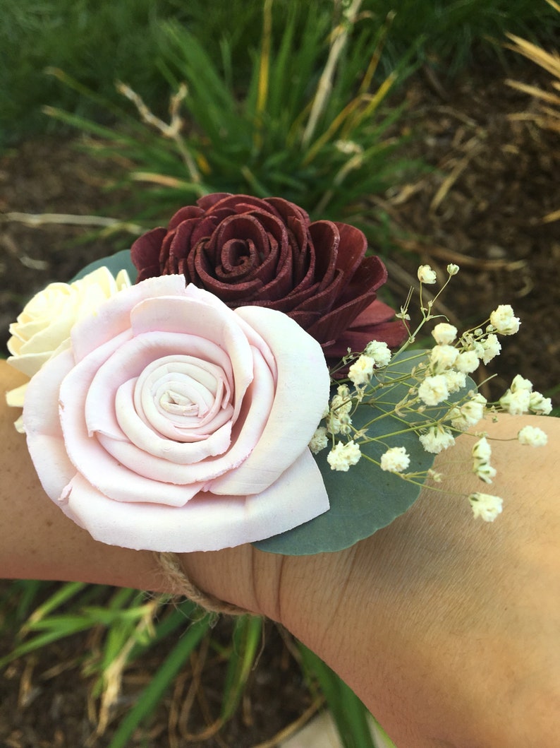 Wrist Corsage or Boutonni\u00e8re 3 Wood Flower Design Fall Bloom Collection