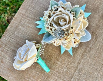 Keepsake Bling It Up Collection- Wood Flower Boutonnière or Diamond Wrist Corsage Ivory