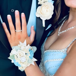Bling It Up Collection- Wood Flower Boutonnière or Diamond Wrist Corsage Light Blue- Or Choose Your Color