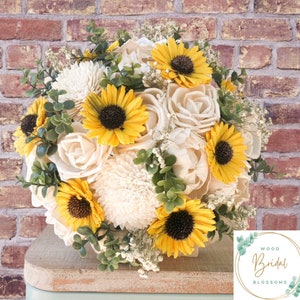 Wood Flower Bouquet- Ivory Radiance Collection Ivory Rose Bouquet, Sunflower Bouquet- Boutonniere, Corsage, Tear Drop Cascade Bouquet