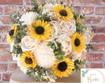 Wood Flower Bouquet- Ivory Radiance Collection Ivory Rose Bouquet, Sunflower Bouquet- Boutonniere, Corsage, Tear Drop Cascade Bouquet