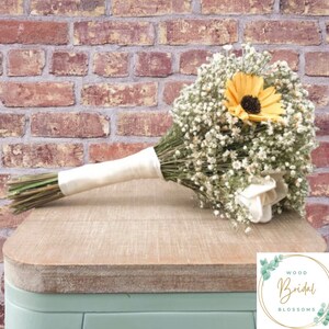 Wood Flower Bouquet- Babies Breath Pop W/Sunflowers Collection- With Pops Of Wood Flowers Bouquet of Dried Babies Breath Wedding