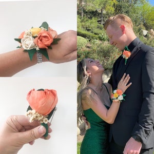 Garden Collection- Wood Flower Boutonnière or Diamond Wrist Corsage Coral, Yellow, and Ivory flowers