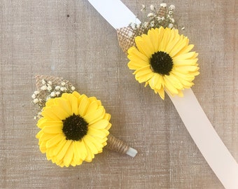 Sunflower Collection- Wood Sunflower Boutonniere, Wrist, or Pin Corsage