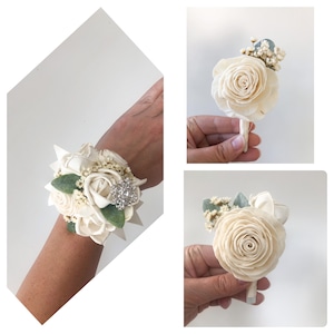 Bling It Up Collection- Wood Flower Boutonnière or Diamond Wrist Corsage Ivory