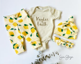 Lemon baby coming home outfit,  Lemon baby girl outfit, baby girl pants lemons, Summer baby lemon outfit, Baby girl lemons outfit