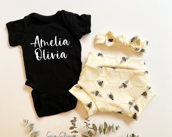 Bee outfit personalized, Bee bloomers, Bee bummies coming home outfit baby girl, Bee baby shower, Bee baby girl, bee shorties baby girl