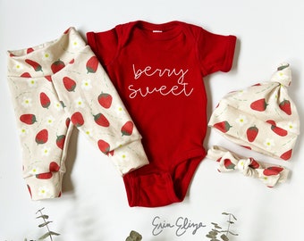 Strawberry coming home outfit, Strawberry sweet girl outfit, baby girl pants strawberries, Summer baby berry outfit, berry baby shower